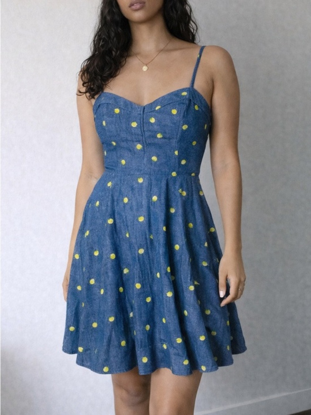 Coquette Denim Lemon Print Fit & Flare Dress Blue Yellow Size S Audrey‎ Parks